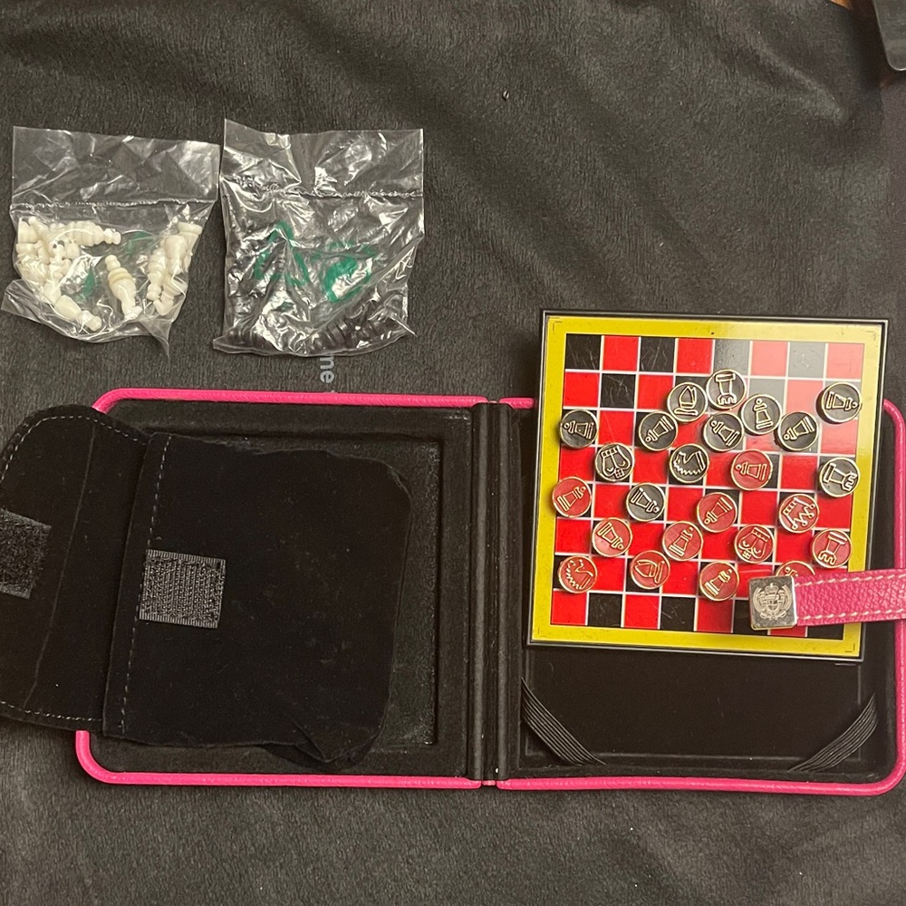 Your move: Pink/Black Travel Chess ♟️ and Checkers Board GameSet